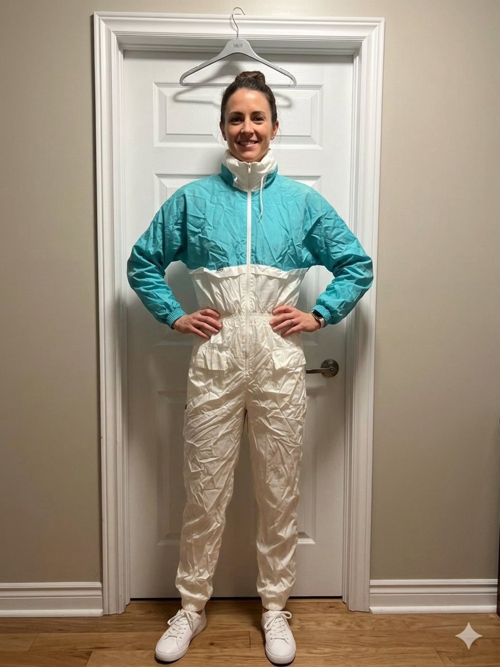 Kway Women’s Teal and White Colorblock Jumpsuit marked kway size 7